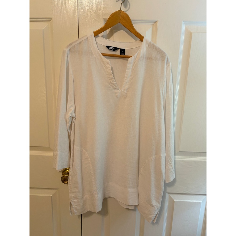 Lands End White Linen Blend Split V-Neck Tunic Blouse Large